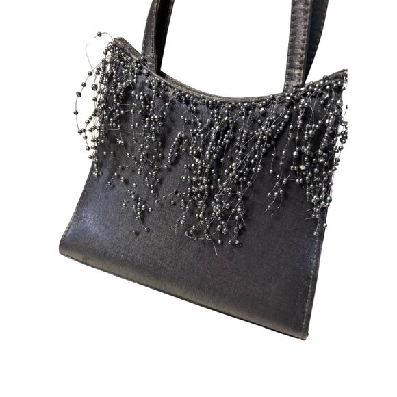 Vintage Black Satin Evening Bag Cascading Beaded Pearl Detail Double Handle Form - Picture 1 of 7